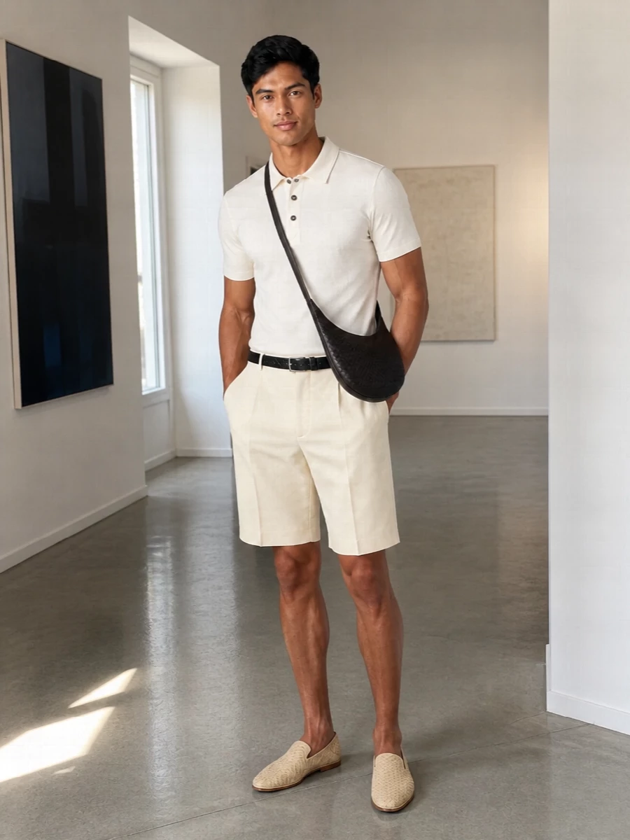 Cream on cream keeps this summer outfit calm and precise, pairing the Bottega polo with tailored buttercream shorts for a clean, preppy line. Woven slipper loafers and a slim black belt introduce structure and texture without noise, while the dark crescent bag quietly grounds the softness of the palette. It is an understated way to do warm-weather polish that moves easily from late brunch to early evening drinks.