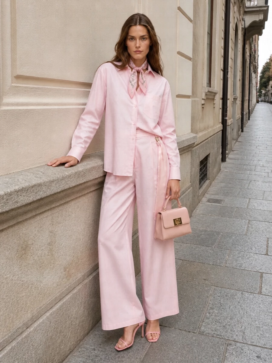 A soft head-to-toe blush story keeps the wide-leg trouser feeling curated rather than sweet, with the matching shirt forming a clean, elongated line. Sleek pink stilettos and a structured mini top-handle sharpen the romance just enough for gallery openings or dinner in the city. The Prada scarf is the final whisper of personality, tying the pink tones together with a discreet hit of branding.