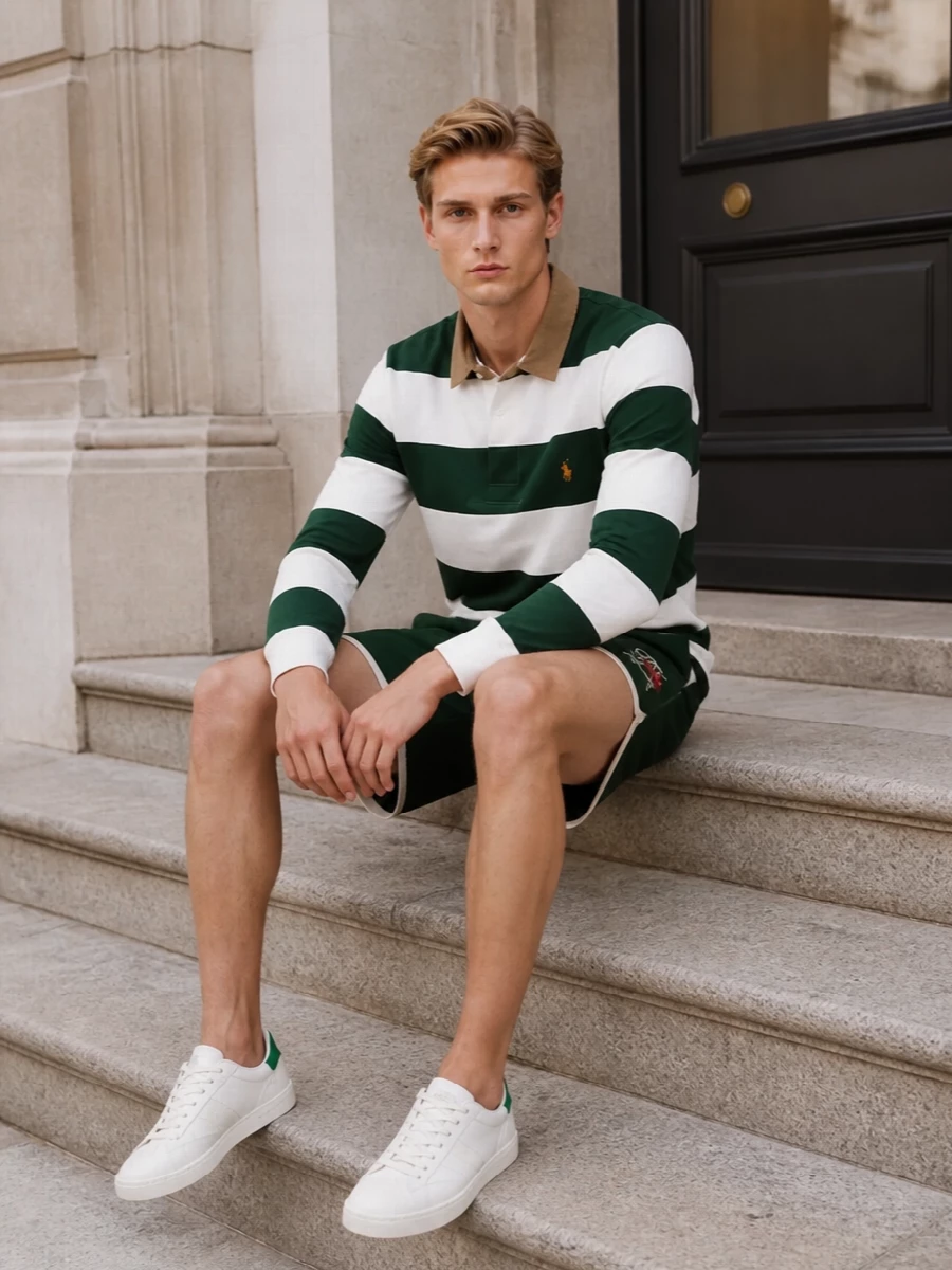 This is pure modern Ivy pitch energy, with the striped rugby framed by matching green athletic shorts for a relaxed but intentional summer uniform. Off-white court sneakers keep the palette light and clean, while the Gucci webbed crossbody adds a subtle heritage sport accent that still feels easy for weekends in the city or by the coast.