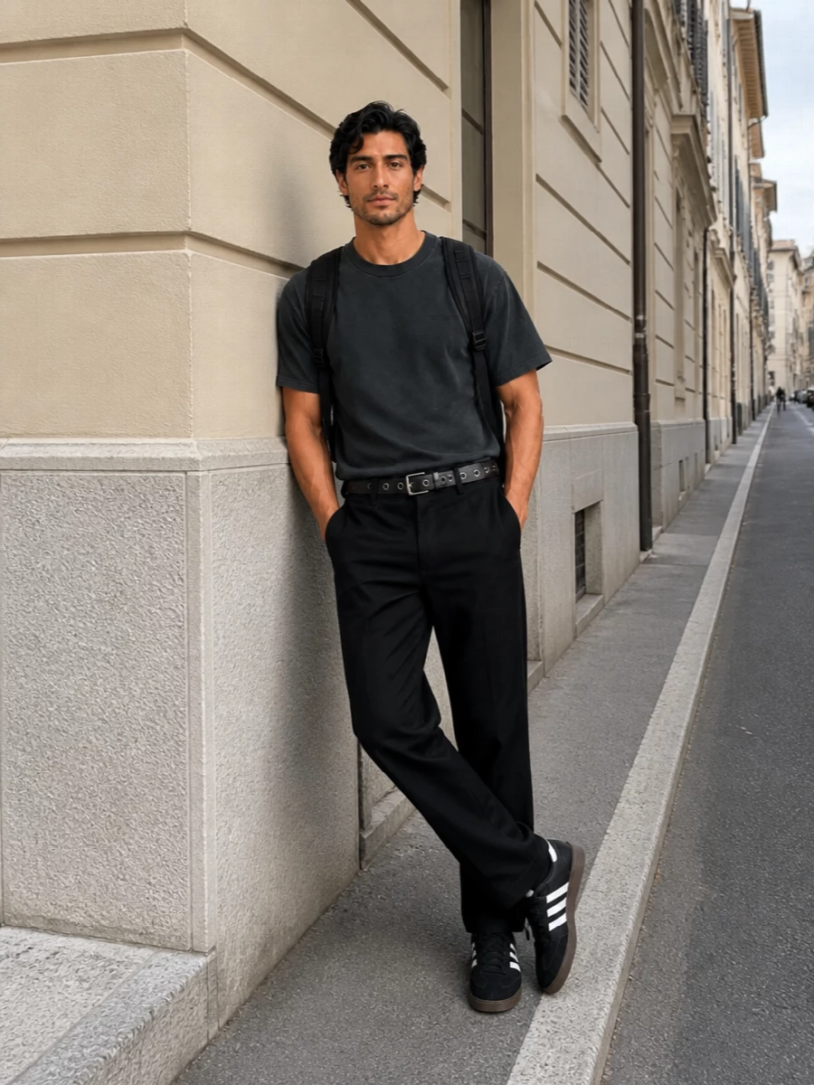Carhartt black work pants charcoal tee adidas sneakers