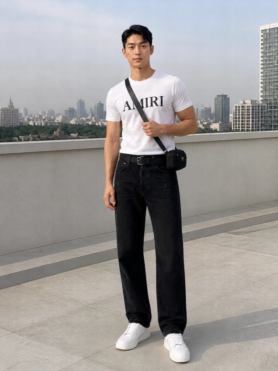 Amiri white logo tee black jeans sneakers