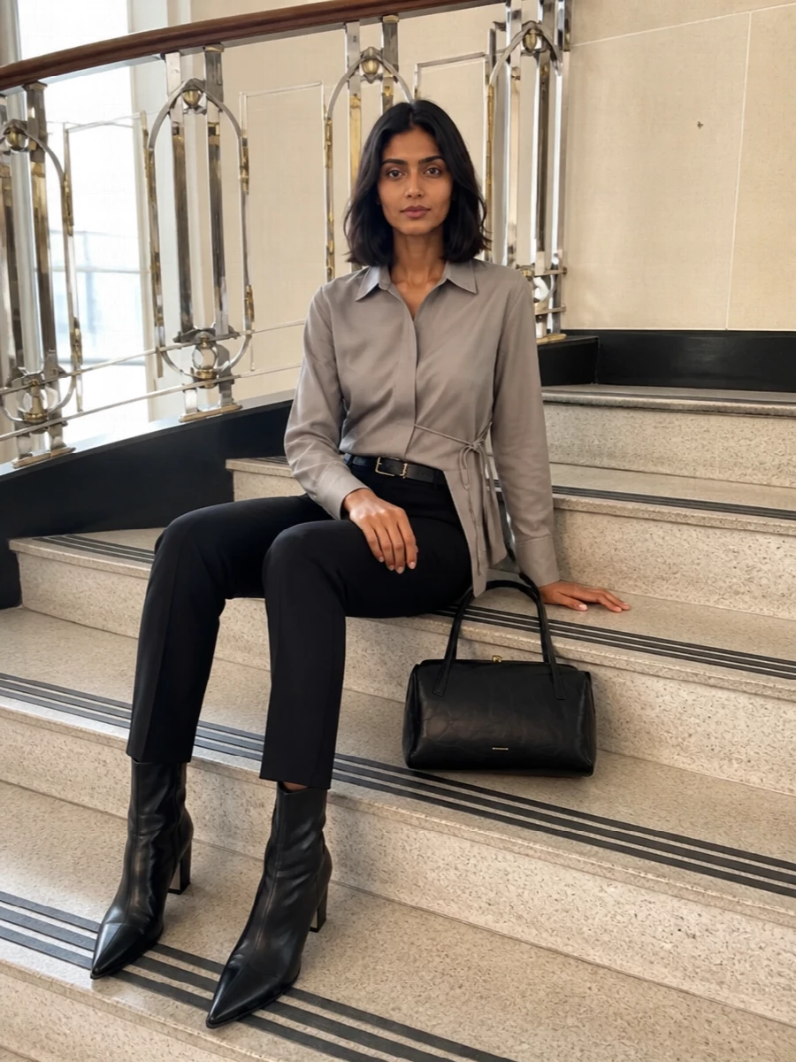 A precise black trouser anchors the cool taupe-grey shirt, the side tie and concealed placket adding just enough structure to feel considered, not fussy. Pointed sculptural ankle boots and a boxy black shoulder bag continue the sharp lines, while a slim black-gold belt quietly frames the waist for a calm, modern office-to-dinner ensemble. The neutral palette stays hushed but rich, letting proportion and cut do the work.
