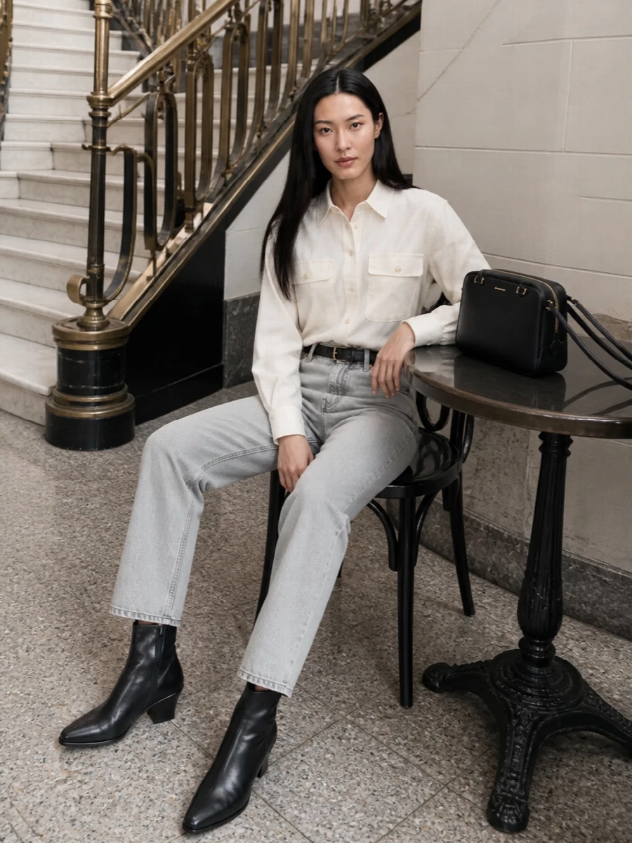 Jil sander grey jeans ivory shirt outfit