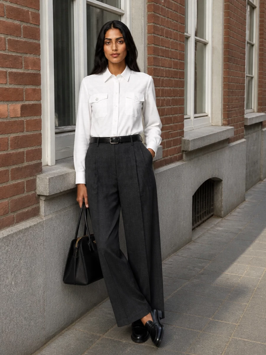 Prada charcoal trousers white shirt black loafers