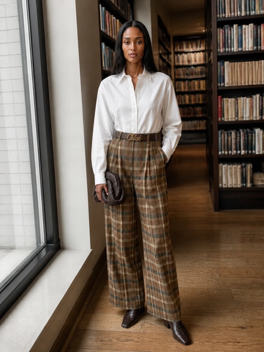 Auralee checked trousers white shirt brown leather