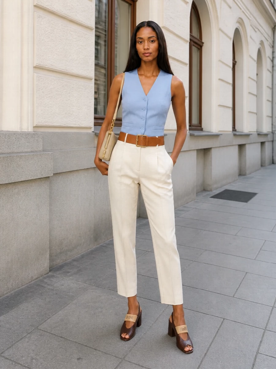 Max mara powder blue waistcoat ivory tailored pants