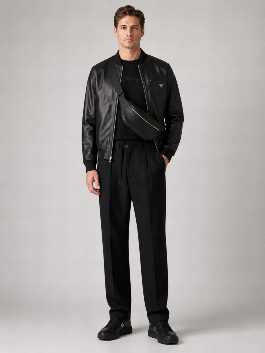 This is a monochrome city uniform built around the Prada leather bomber, with Burberry and Margiela keeping the mood precise and unfussy. The straight black trouser and sleek Fendi sneakers hold the line between tailoring and streetwear, while the curved leather crossbody adds just enough architecture without breaking the quiet-luxury code.