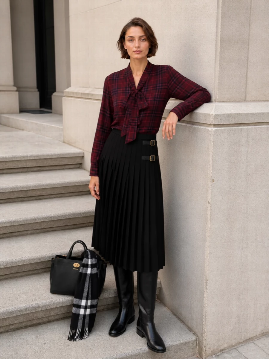 Burberry pleated black midi skirt burgundy blouse