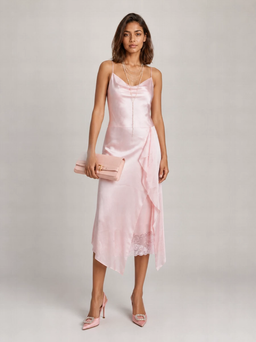 Acne Studios Ruched Lace-Trim Midi Slip Dress