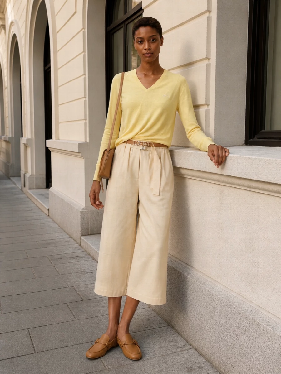 Loewe pastel yellow sweater beige culotte shorts