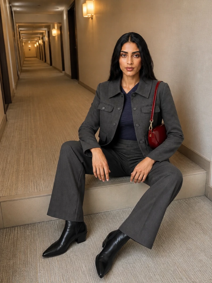 This stays in the tailoring lane with a full Paloma Wool column of cropped jacket and sculptural high-waisted trouser, then sharpens it with inky knitwear and precise black boots. I chose the top and trouser path over a dress to respect the jacket’s utility, pocketed structure and make it the anchor, rather than force it over a knit midi where lengths and collars would compete. The burgundy shoulder bag is the only color lift, keeping the whole ensemble quiet yet fully composed for creative-city days that run late.