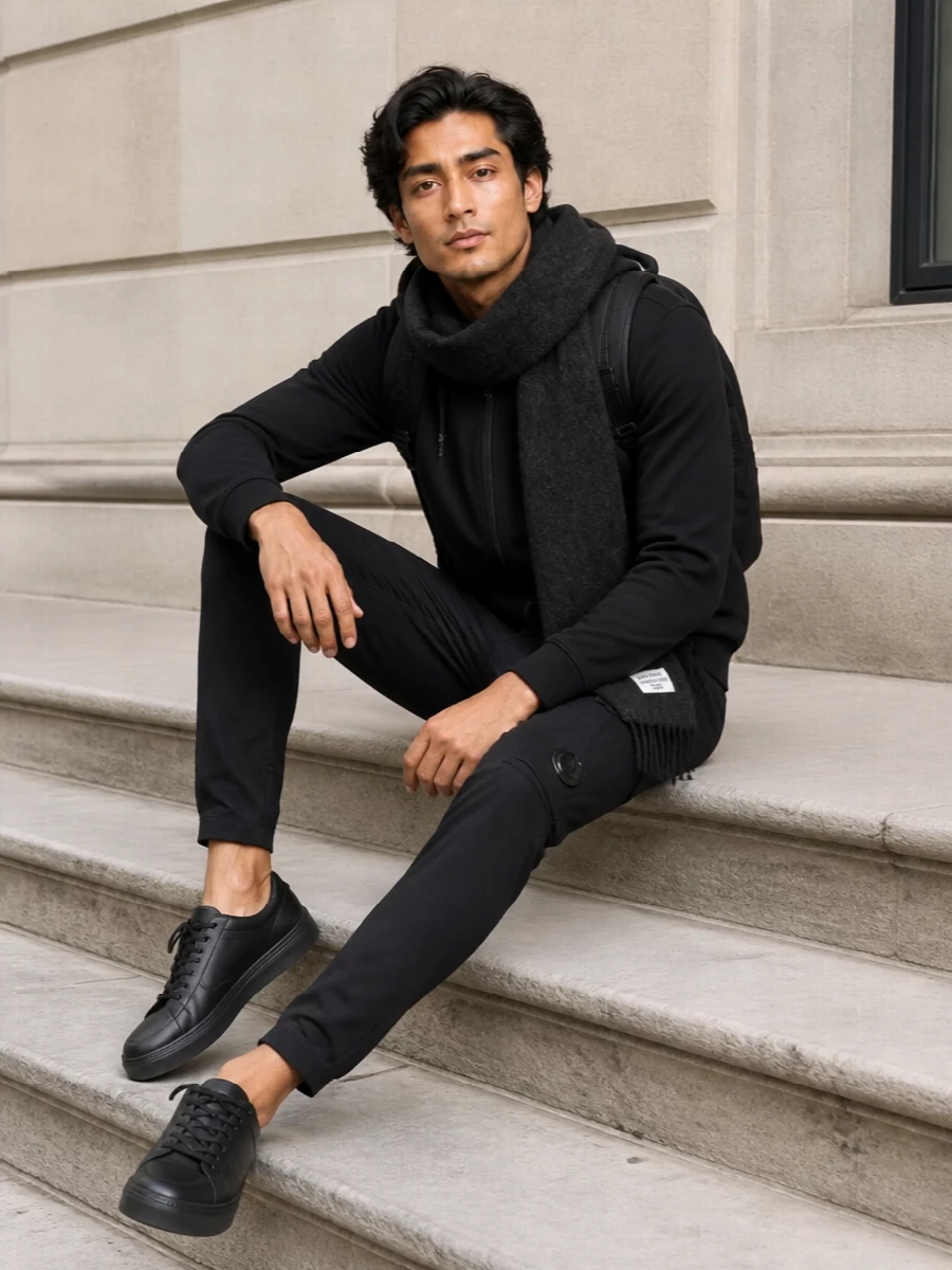 A black C.P. Company hoodie with matching tapered cargos builds a tight, technical street uniform in a single, muted palette. Hogan’s stripped-back black sneakers keep the lines clean from the ground up, while a Moncler backpack and charcoal Acne Studios scarf introduce quiet texture and utility without breaking the monochrome mood.