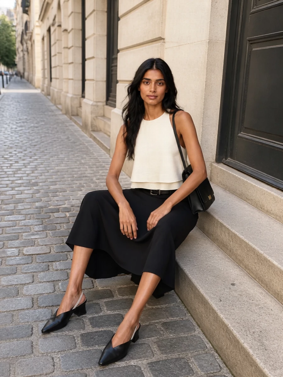 Jil sander black midi skirt cream halter outfit