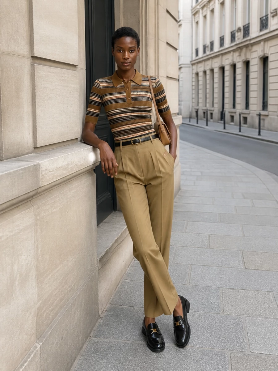 This look leans into a polished ’70s-preppy mood: the striped camel ribbed polo is paired with razor-sharp high-rise camel tailoring for a long, elegant line. Glossy black loafers and a slim black belt pick up the knit’s dark accents, while a structured camel Celine shoulder bag adds just the right hit of quiet, logoed luxury. It’s an intelligent city uniform that feels refined but completely effortless for FW days into evenings.