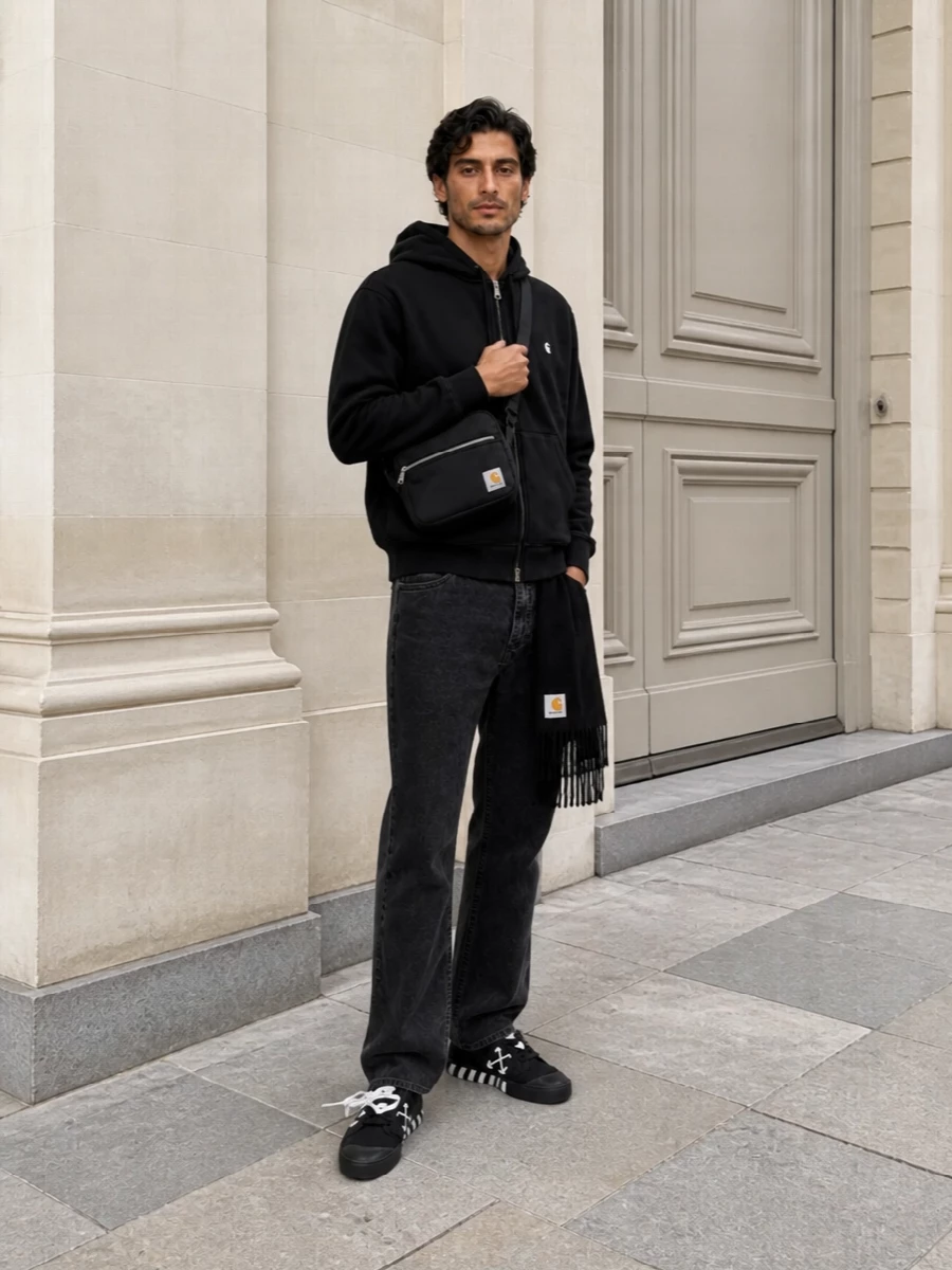 Carhartt hoodie washed black jeans off white sneakers