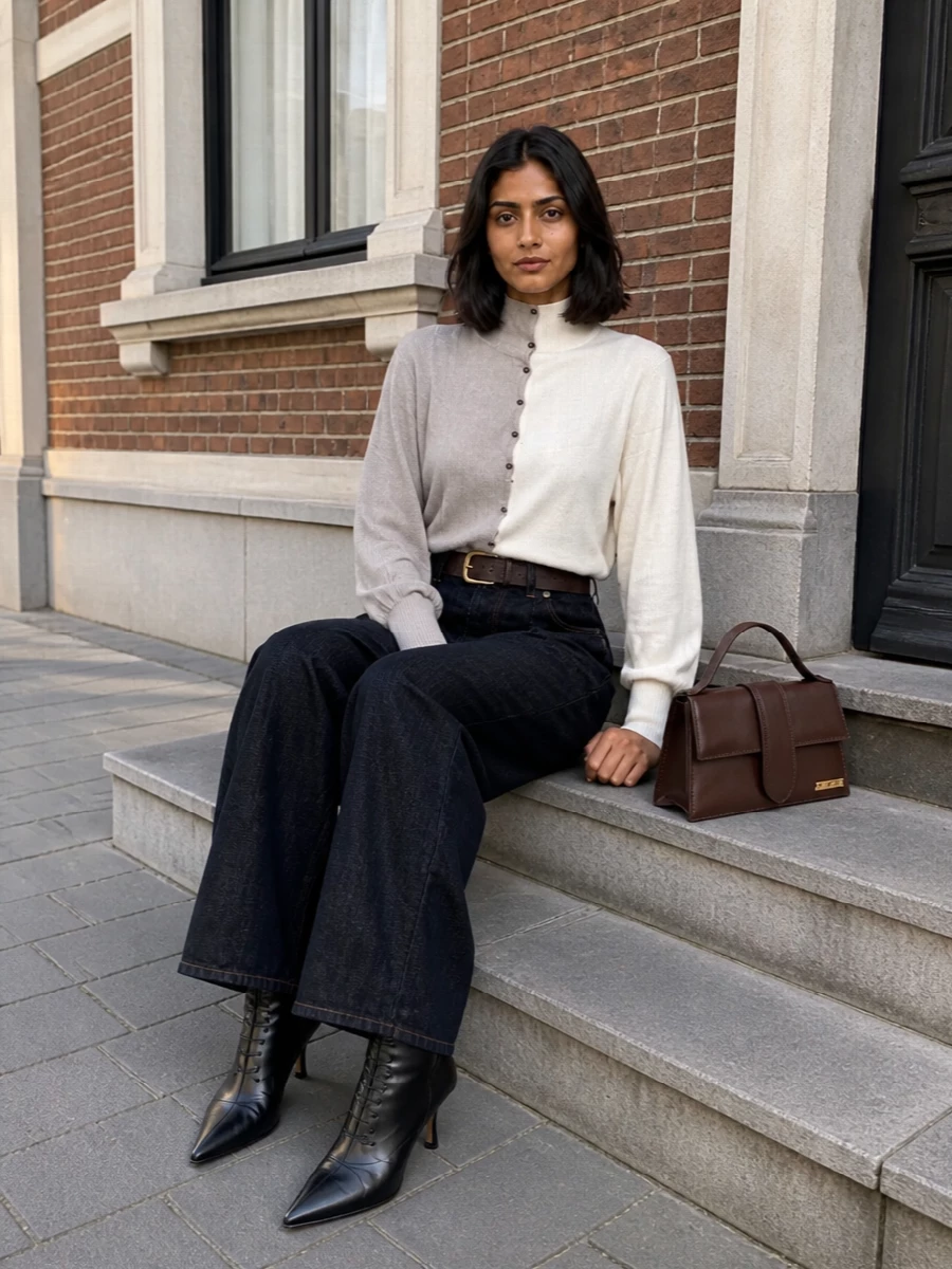 Jacquemus wide leg jeans knit top ankle boots