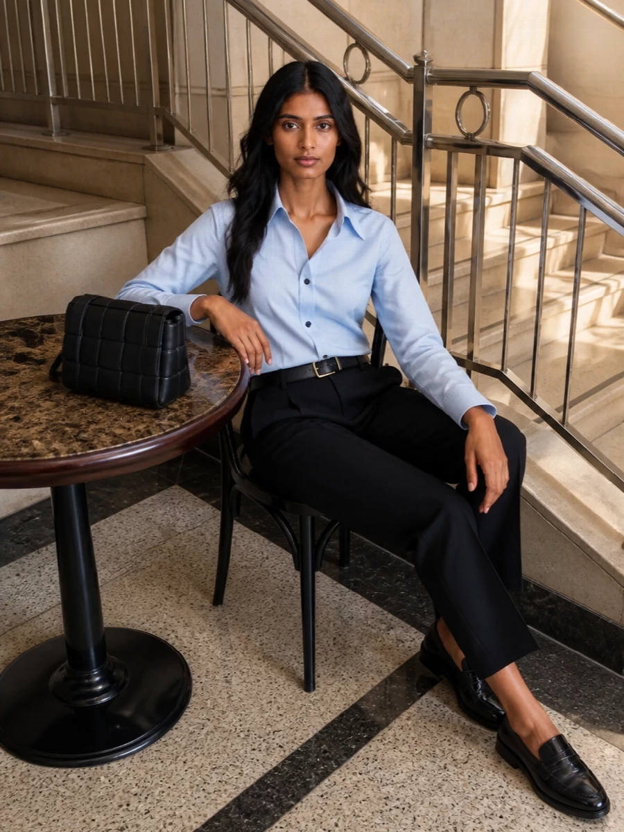 An ice blue tailored shirt is anchored by sharply pleated black trousers for a precise, monochrome take on modern office dressing. Glossy black loafers and a woven shoulder bag keep the lines clean and grounded, while a slim belt quietly defines the waist. The palette stays restrained, letting the cut and structure do the work.