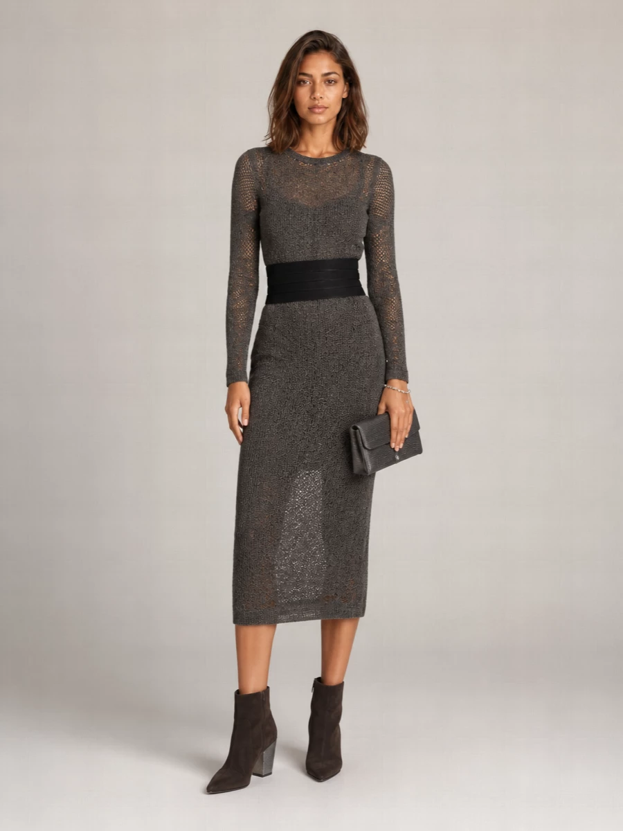 Brunello Cucinelli Mohair Wool Floral Lace V-Neck Long-Sleeve Knitted Maxi Dress
