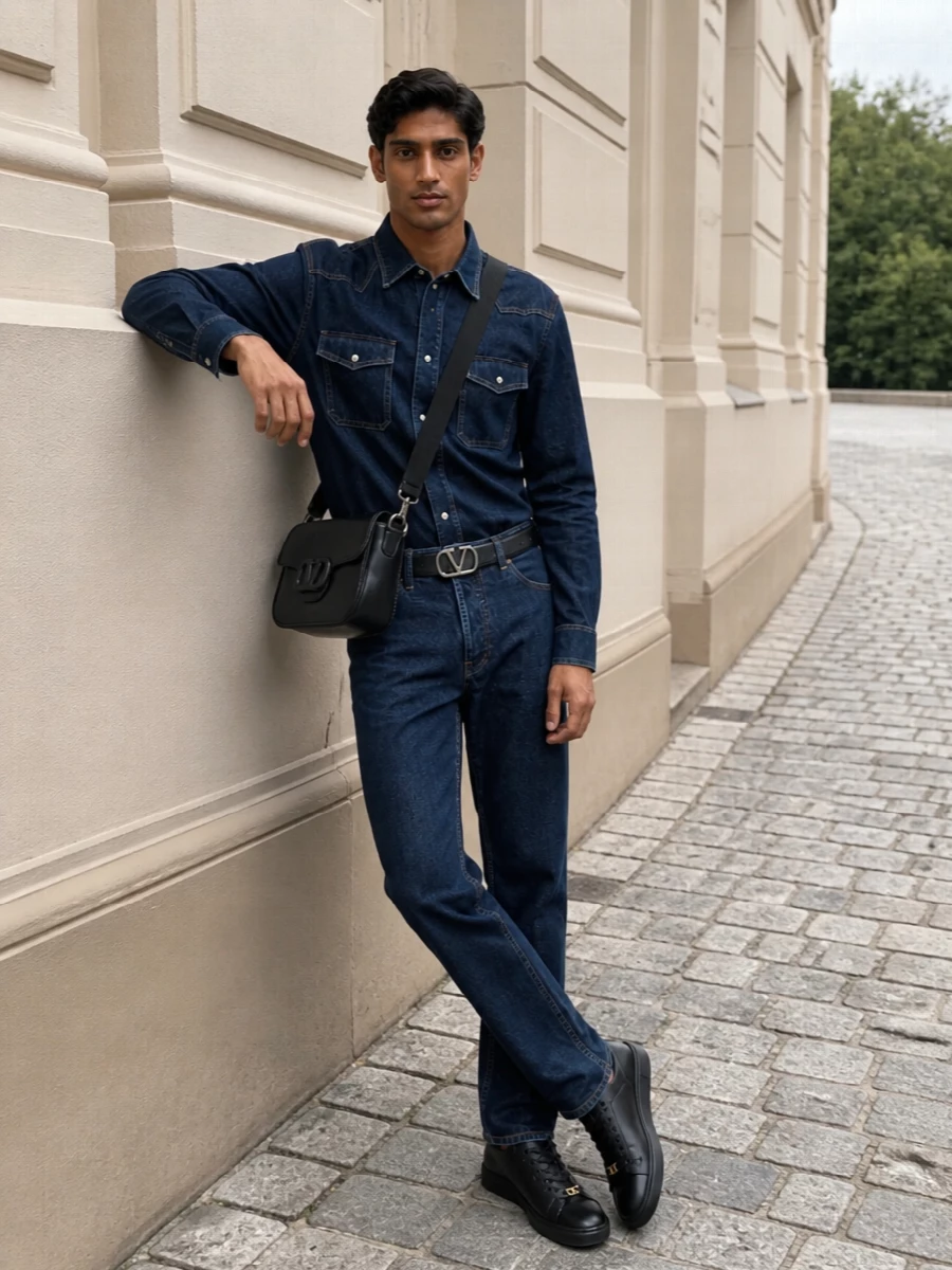 Valentino denim shirt dark jeans black sneakers