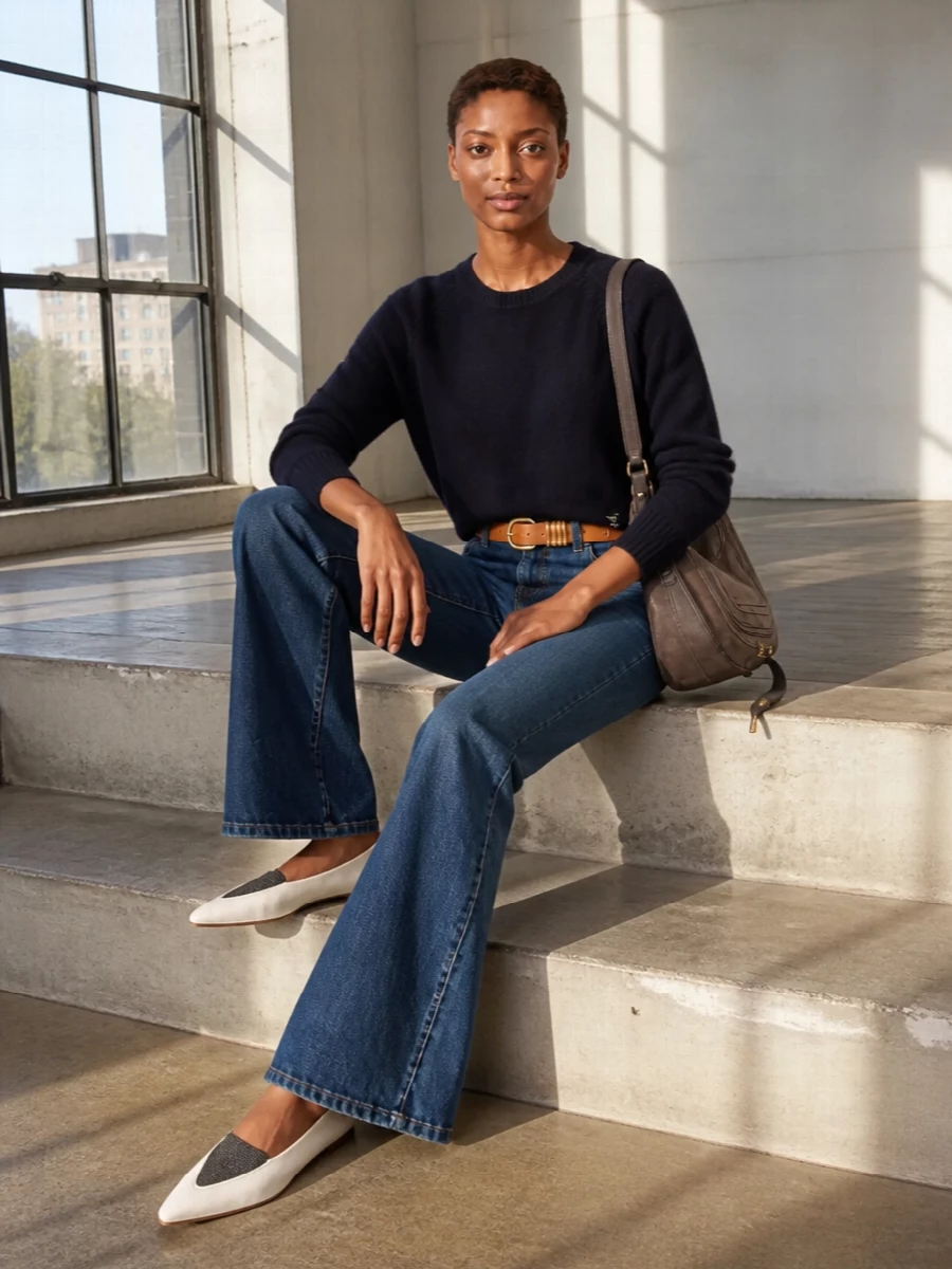 Chloe navy sweater flared jeans loafers