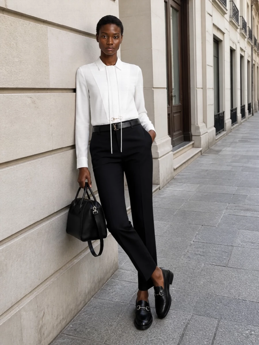 This look leans into modern equestrian-inflected tailoring: the crisp white Gucci shirt with bit detail is paired with high-rise slim black trousers for a long, composed silhouette. Black leather loafers and a structured black top-handle bag keep the palette tight and refined, while a slim black belt quietly defines the waist for a finished, office-to-dinner ensemble.