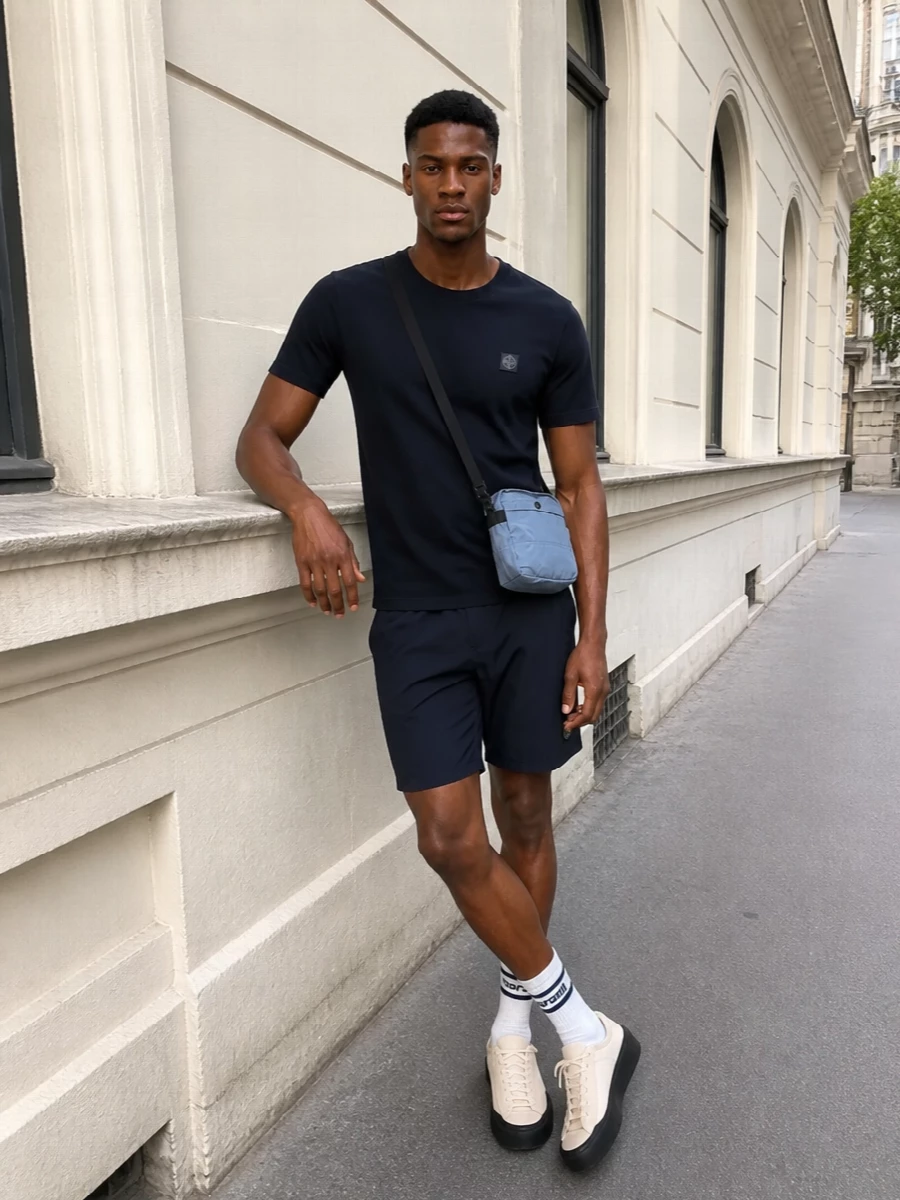 Stone island navy shorts technical sneakers outfit