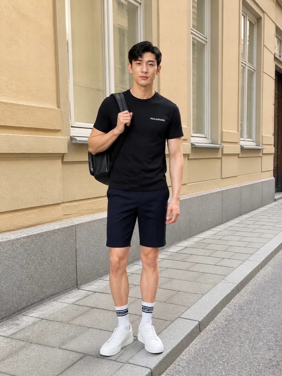 Paul shark black tee navy tailored shorts outfit
