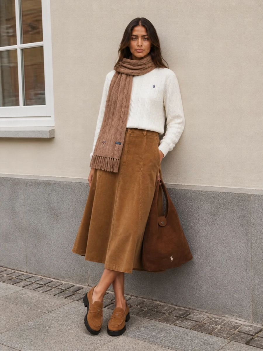 Polo ralph lauren camel scarf corduroy midi outfit