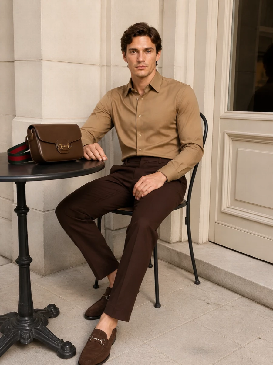 A tonal camel and chocolate story keeps the Gucci loafers firmly in their element, reading considered without feeling stiff. The tailored shirt and straight-leg trouser create a clean, elongated line that works from creative office hours to dinner. Warm neutrals and subtle hardware touches keep everything aligned in a quietly confident way.