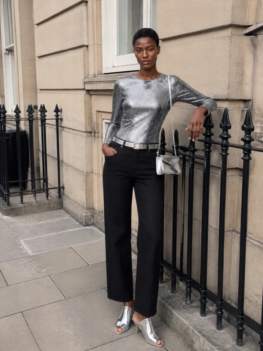 Mm6 margiela silver top black trousers outfit