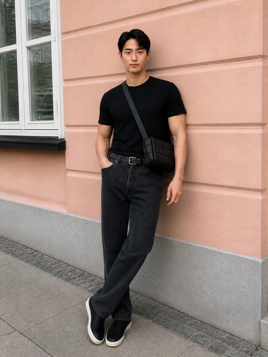 The look builds on The Row’s black tee with Prada’s deep-charcoal five-pocket trouser, striking a balance between denim ease and tailored sharpness. Black Prada sneakers with an ivory sole keep things streamlined and modern, while the Bottega intrecciato crossbody and textured belt bring in quiet, tactile luxury without disturbing the monochrome minimalism. It’s an elevated, city-ready uniform that feels effortless yet meticulously considered for FW.