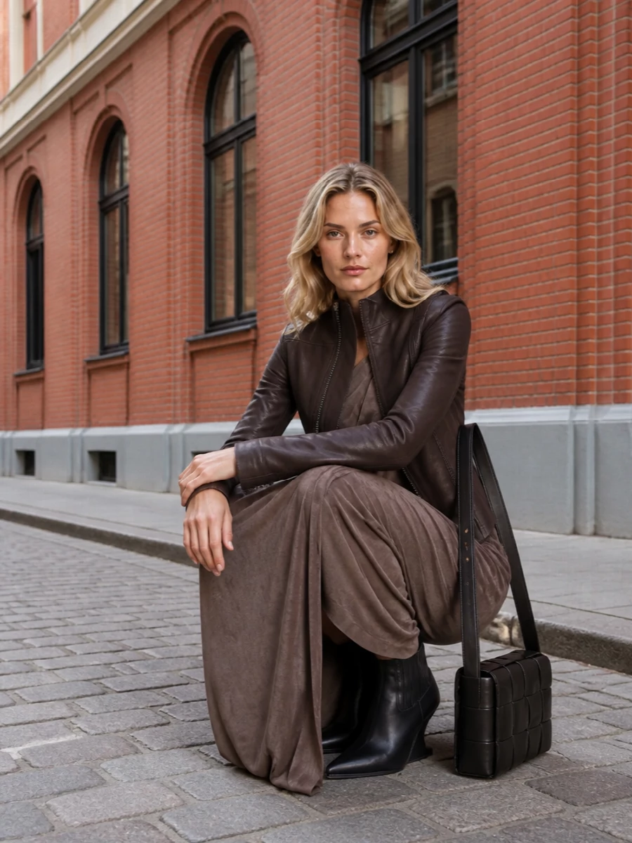 Rick owens brown jacket draped gown outfit