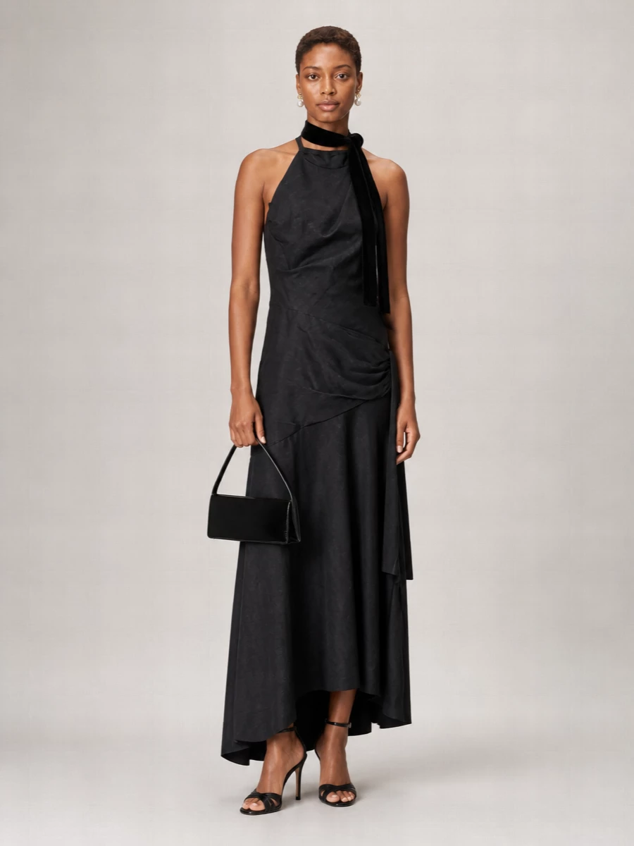 Zimmermann denim halterneck draped asymmetric maxi dress