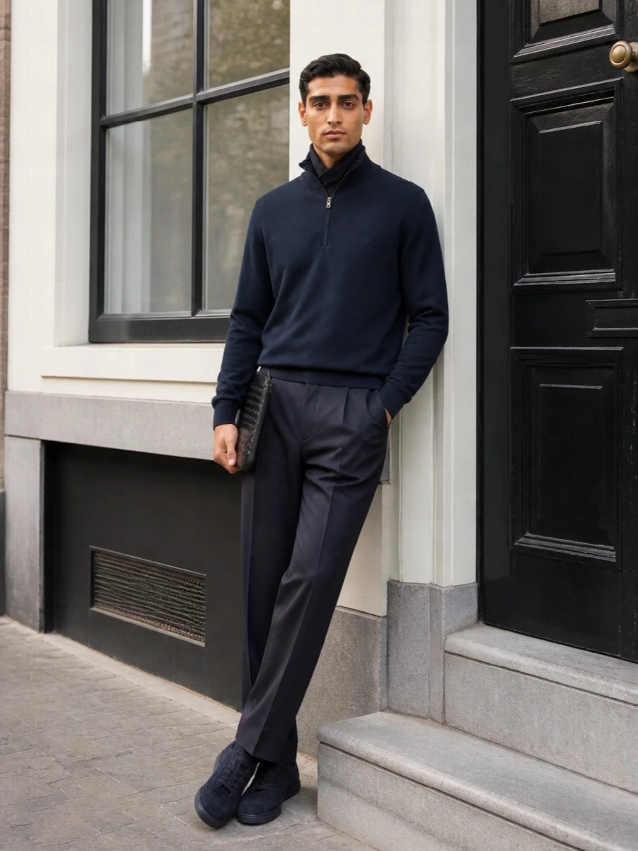 Etro navy half zip tailored trousers sneakers