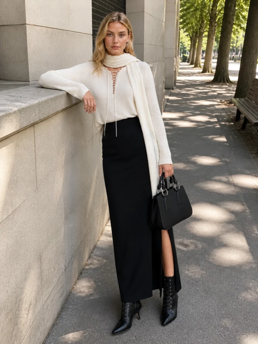 Ann demeulemeester ivory sweater black maxi skirt