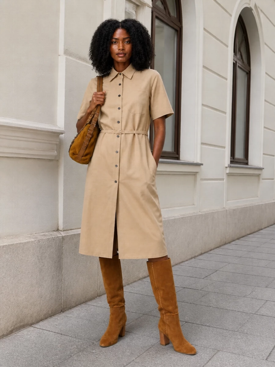 A tan Fendi shirt dress and camel Aquazzura suede boots create a long, neutral column that feels quietly polished and easy for daytime city dressing. The warm browns echo the Isabel Marant bag’s mustard suede, keeping the palette soft and autumnal. Choosing the dress path over separates preserves a clean, uninterrupted line that lets the textures and subtle hardware do the talking.