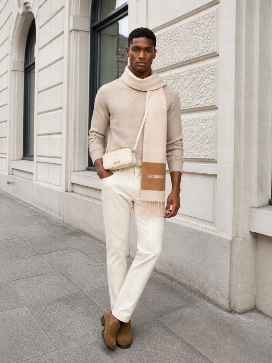 Off-white Jacob Cohen denim with a beige crewneck creates a soft tonal base that feels precise rather than precious. Camel suede loafers and a cream crossbody introduce richer warmth while keeping everything quietly sharp. The result is an easy, smart-casual uniform that moves from city afternoons to relaxed dinners without changing a piece.