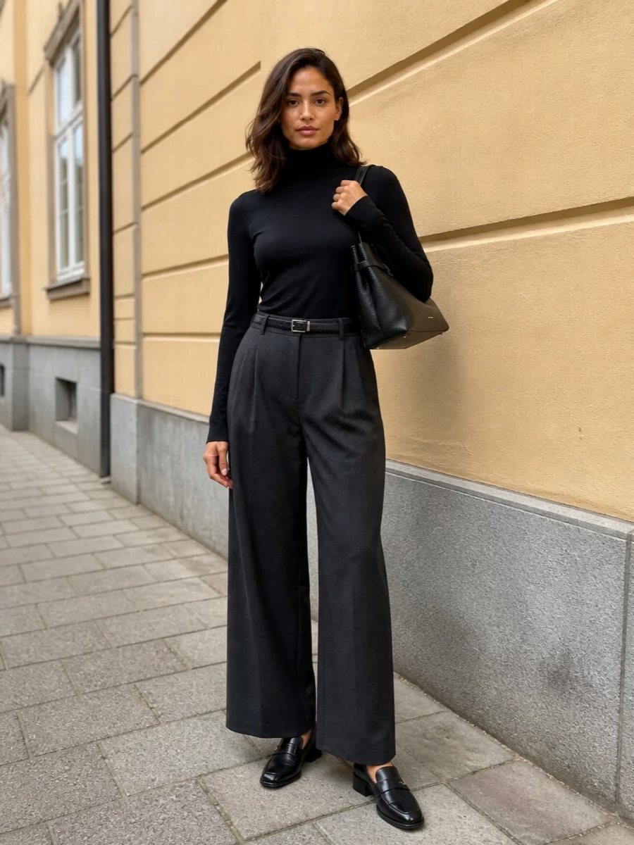 Max mara charcoal trousers black turtleneck outfit