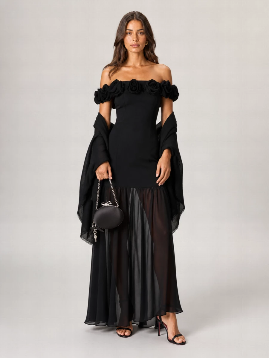 Rotate Floral Appliqué Maxi Dress