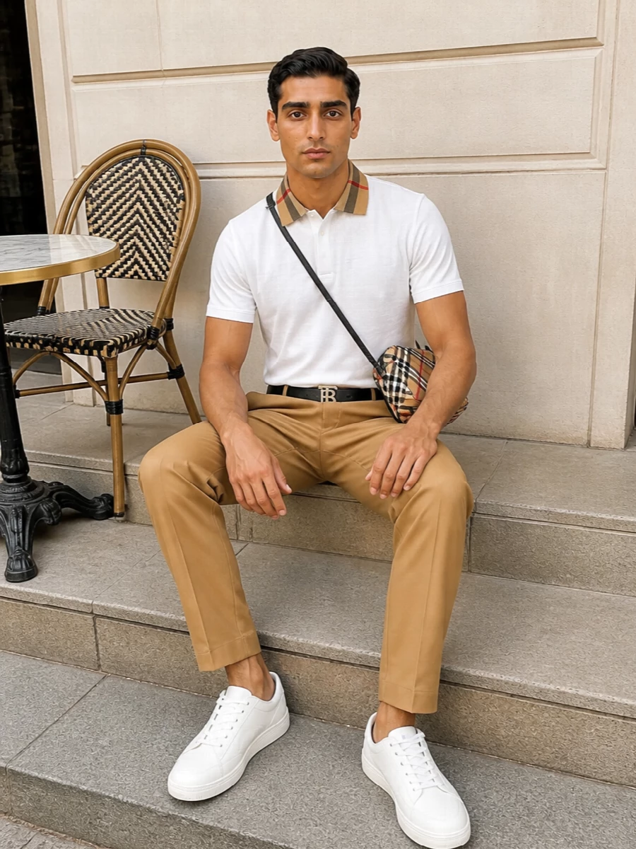 Burberry polo camel trousers white sneakers