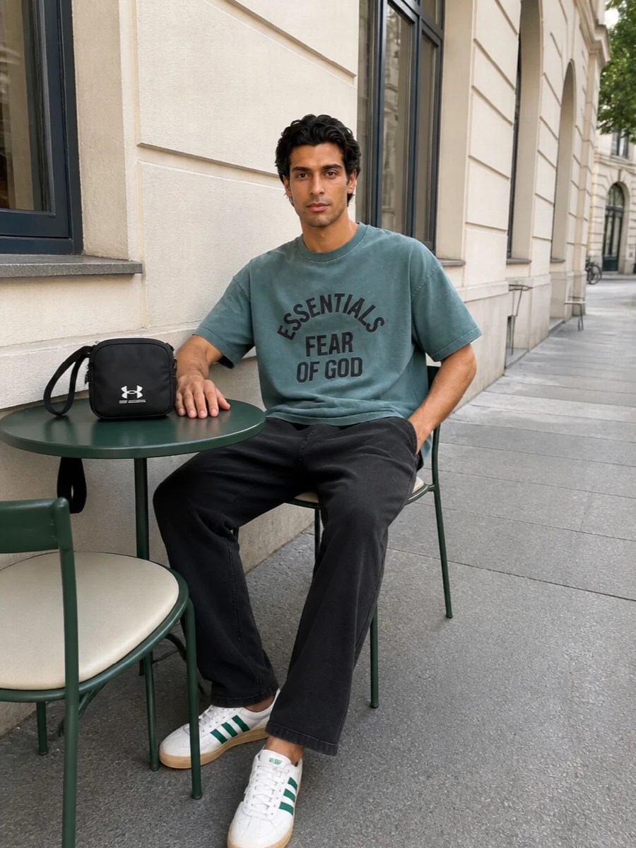 Fear of god essentials tee black pants adidas