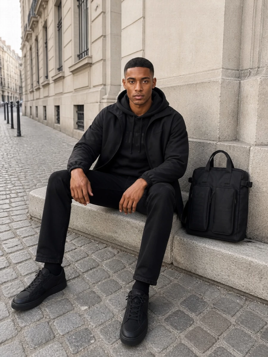 Diesel black hooded jacket black jeans outfit