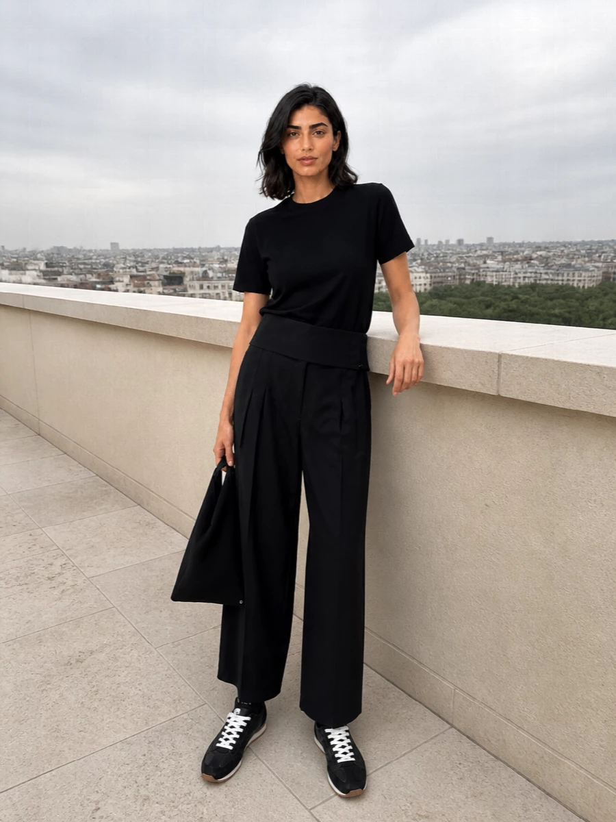 An Entire Studios black tee sits over inky pleated wide-leg trousers for a monochrome base that feels clean but deliberately cut. Totême’s low-top sneakers keep it relaxed and agile without losing that slightly polished edge, while the sculptural Mm6 tote and subtle logo socks add just enough graphic interest to make the uniform feel styled rather than thrown on.