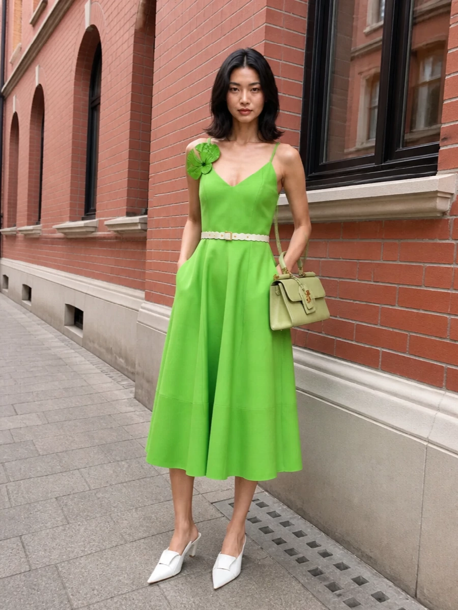 Loewe green midi dress pistachio bag outfit