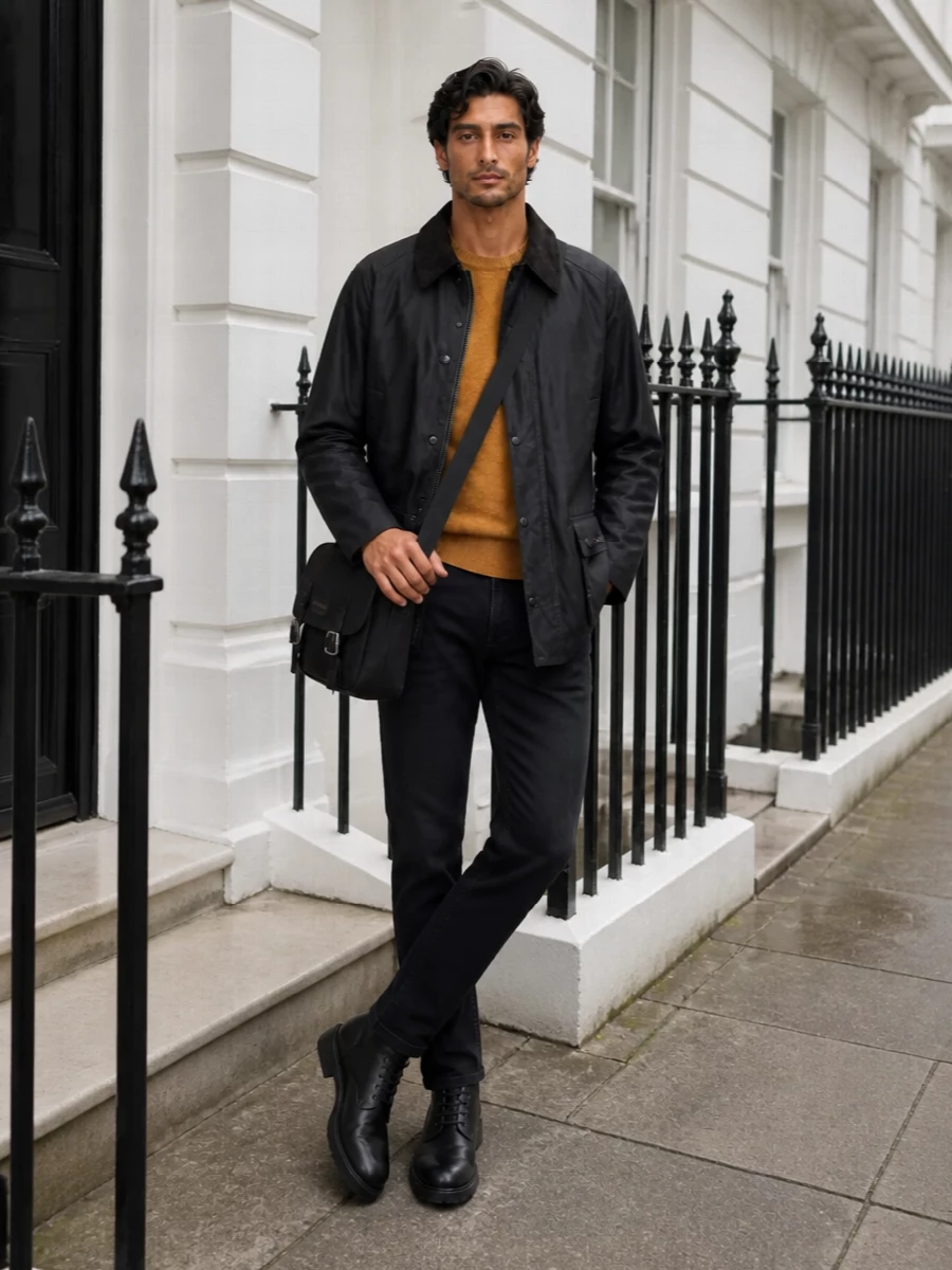 Barbour waxed jacket ochre knit dark jeans