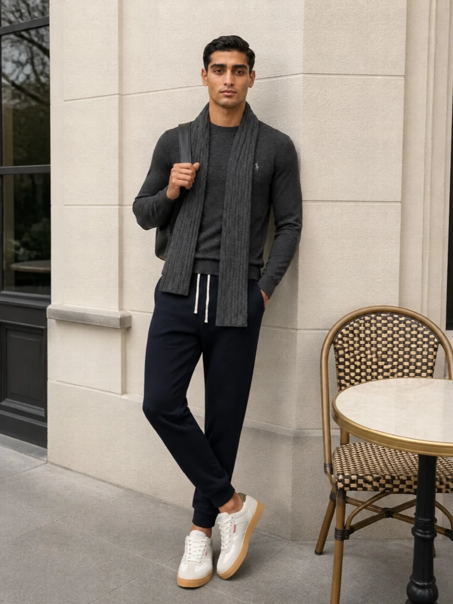 Charcoal and navy anchor this outfit in a calm, collegiate palette, with the knit and tapered joggers reading relaxed but precise. Clean off-white sneakers and a structured black leather backpack sharpen the finish, while a slim charcoal scarf adds tactile warmth without crowding the lines.