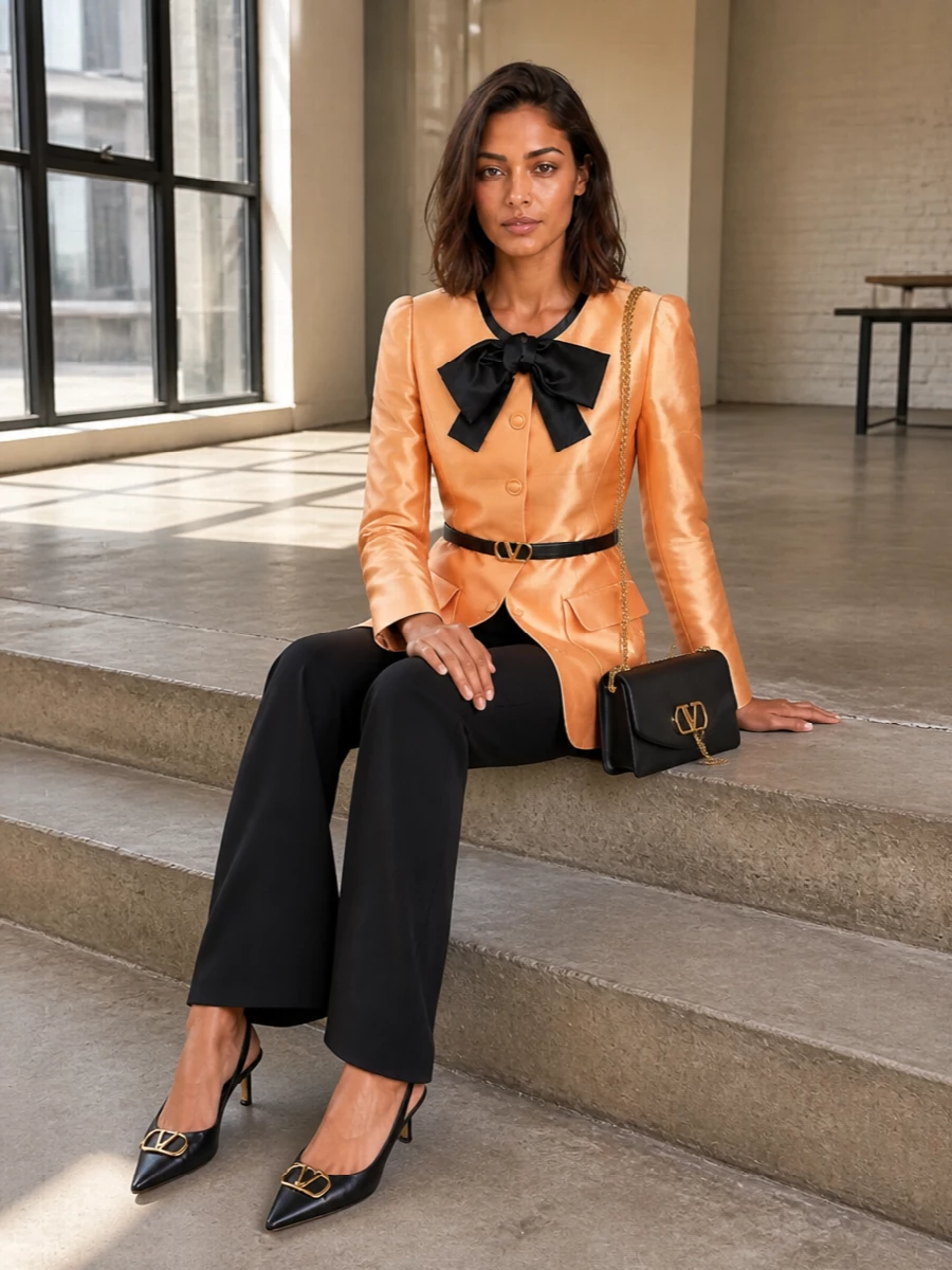Valentino peach satin jacket black trousers