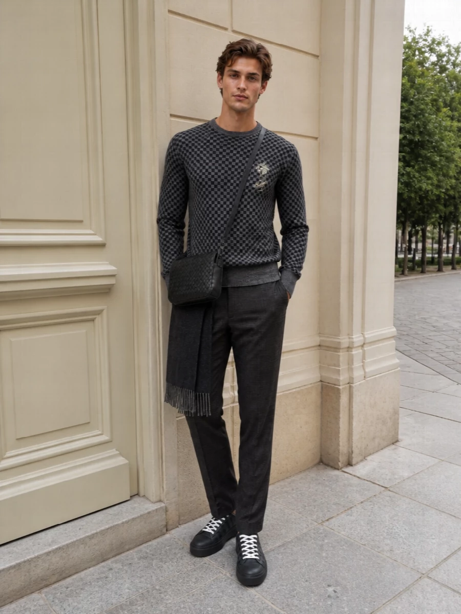 Vivienne westwood check sweater prada grey trousers