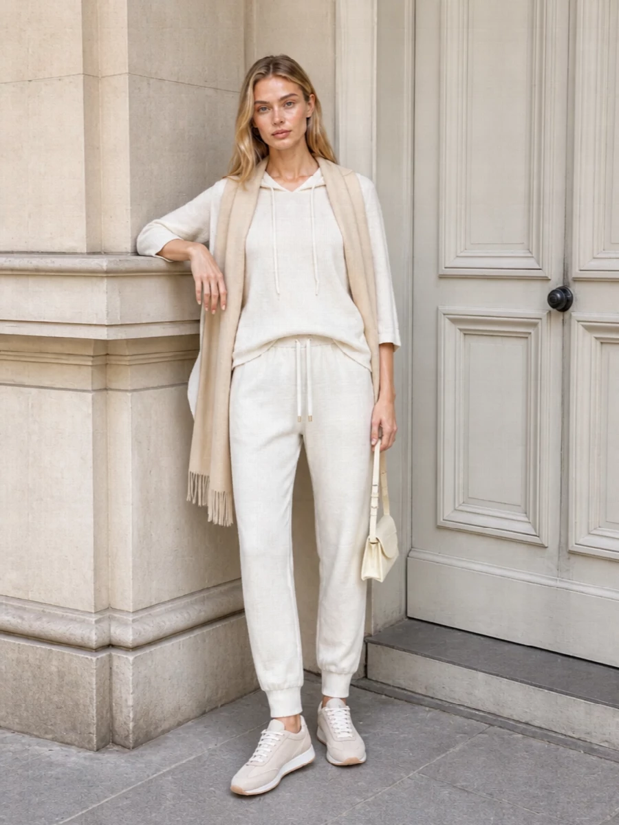 Head‑to‑toe soft neutrals turn these off‑white joggers into a polished, at‑home uniform. The ivory hooded knit keeps the mood relaxed, while sleek beige runners and a slim buttercream shoulder bag refine the finish. A sand‑toned wrap adds tactile warmth without disturbing the calm, tonal palette.