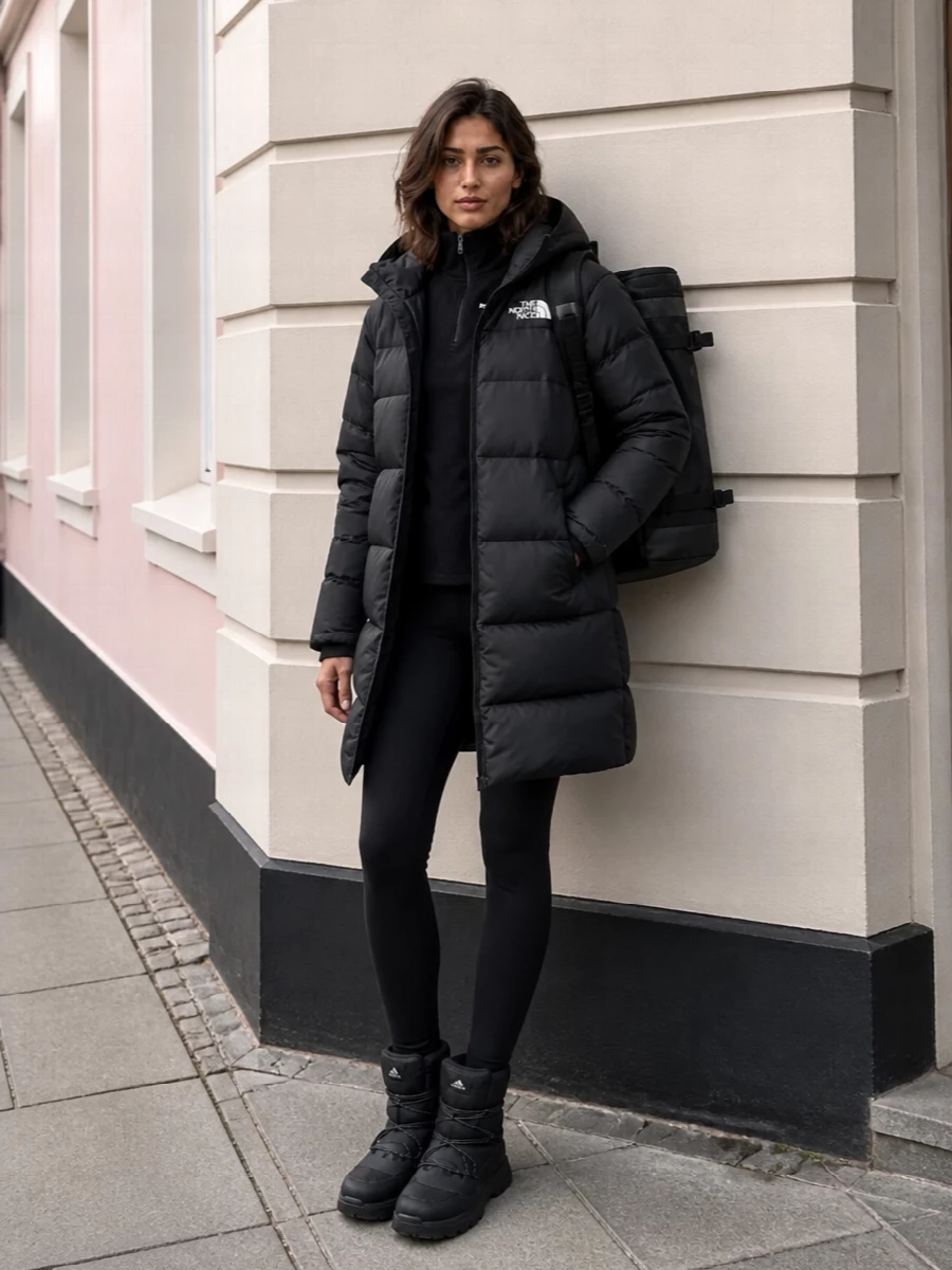 I’m taking the coat down the pure performance route with a full sport base, keeping everything streamlined in black so the silhouette stays long and sharp. The half zip fleece and second-skin leggings give proper insulation without bulk, while the padded ankle boots and boxy backpack echo the puffer’s technical texture. It feels like a city winter uniform you can actually move in, from commute to light trail without a change.